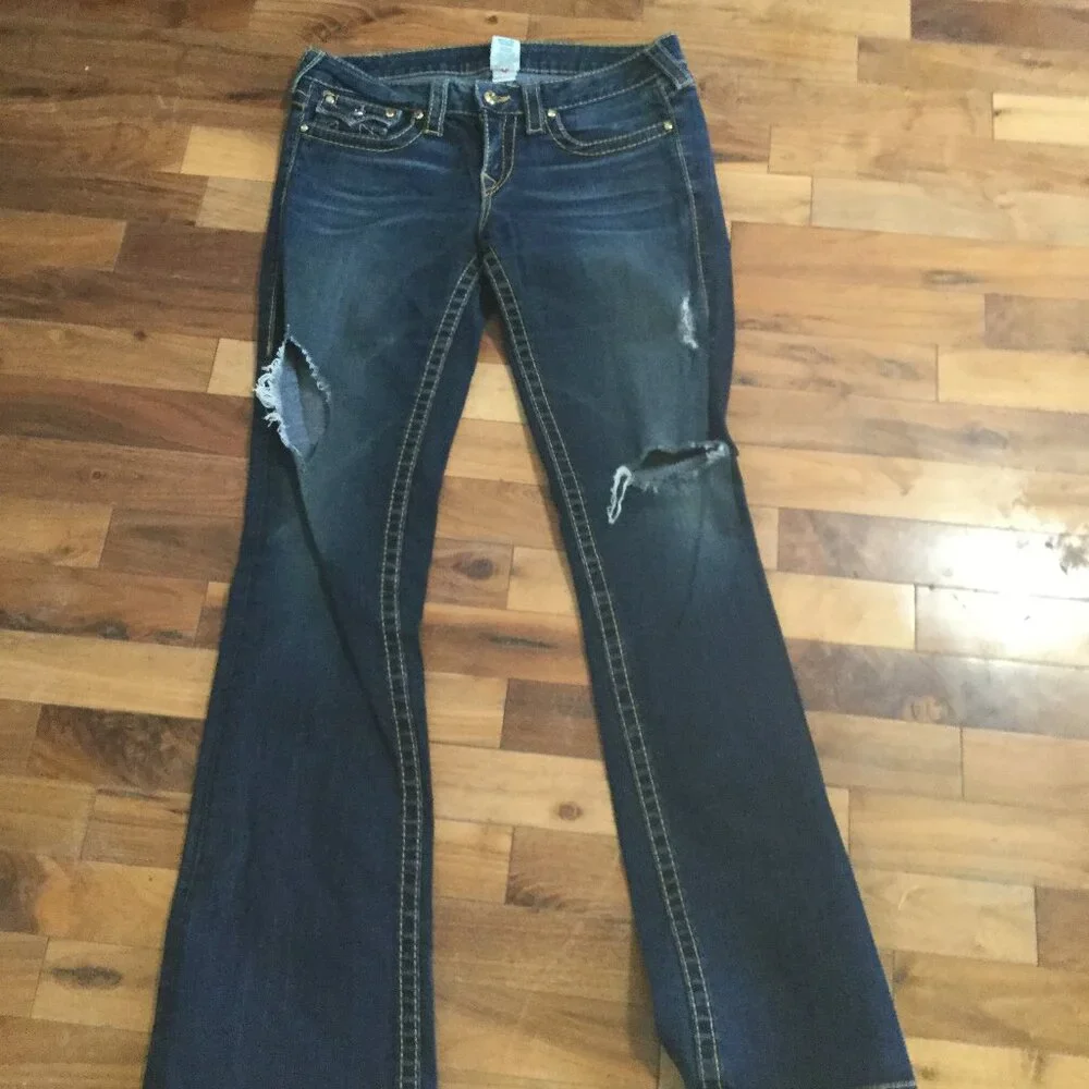 True Religion low rise destressed jeans tall size 30 33 inch inseam dark wash - Picture 1 of 5